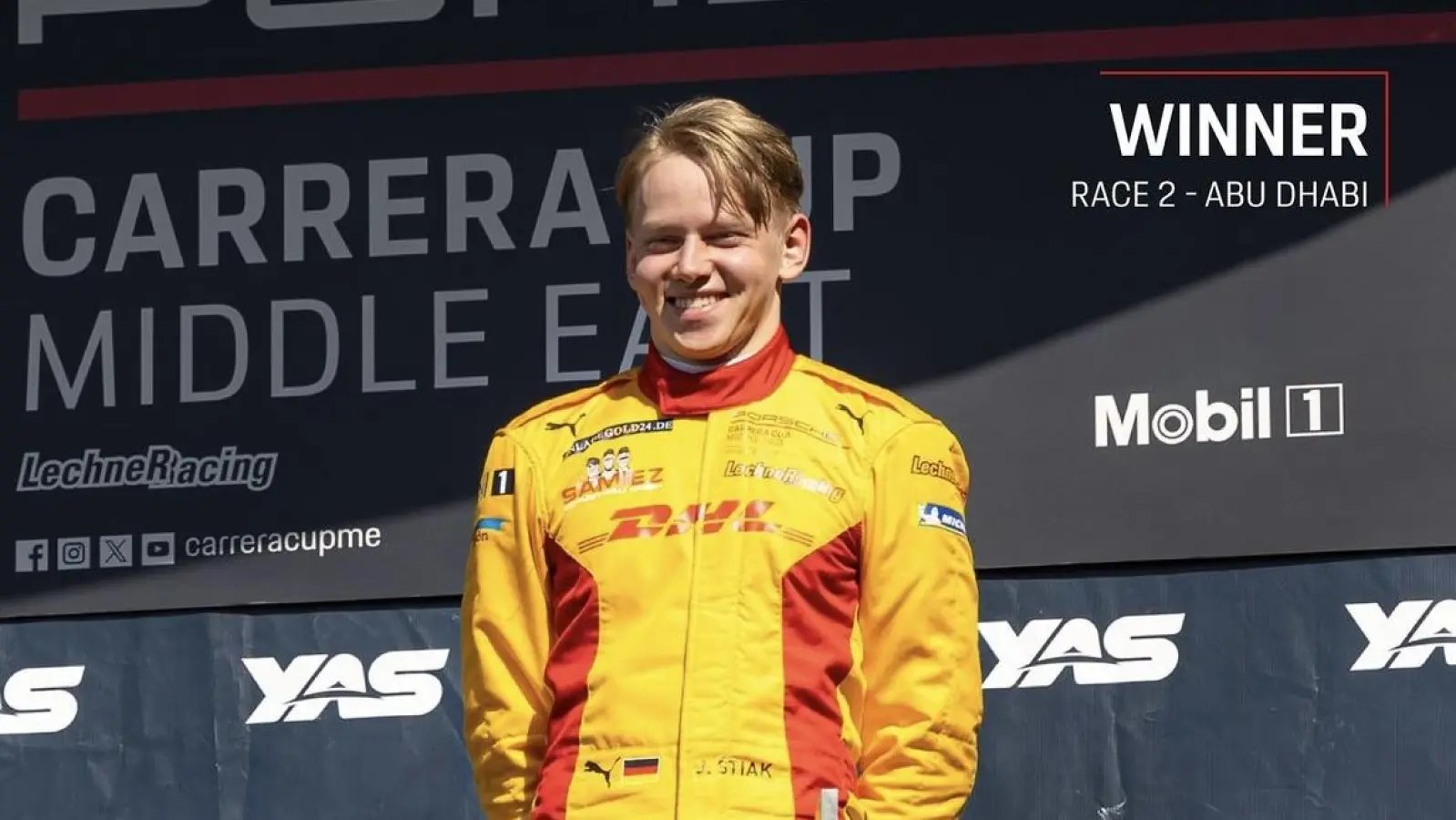 Auf dem Podest: Janne siegt beim Porsche Carrera-Cup Mittle East in Abu Dhabi.  (Foto: privat)