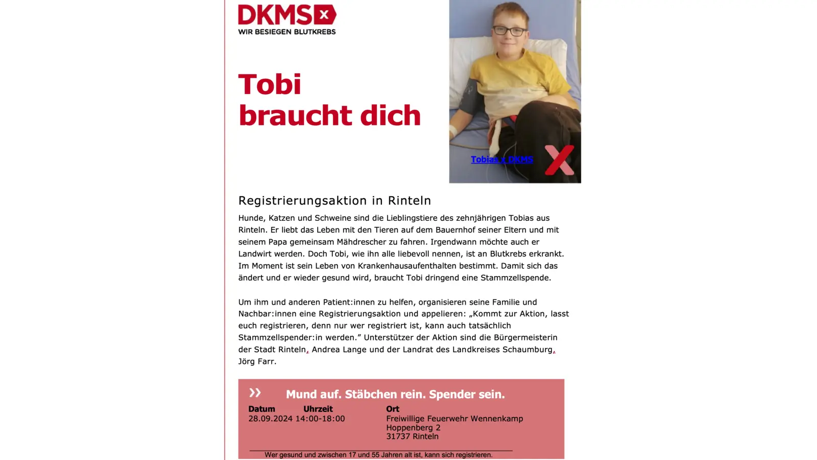 Tobi braucht Hilfe. (Foto: DKMS)