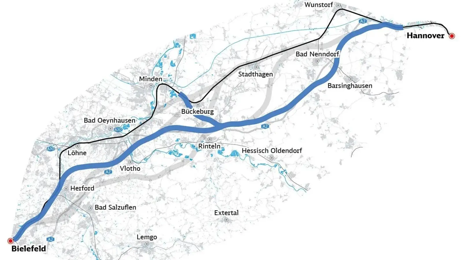 Auch bei den „bestandsfernen” Ausbauvarianten kommt Bückeburg nicht „ungeschoren” davon. Die sogenannte Verbindungsspange nach Minden führt dann durch den Raum Bückeburg. (Foto: Deutsche Bahn)