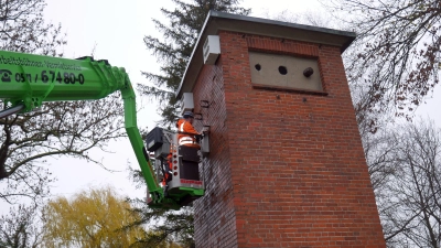 Mit vereinten Kräften sorgten Jörn Peter und Alexander Maranca für die beste Anbringung der Nistkästen am Trafoturm. (Foto: gk)