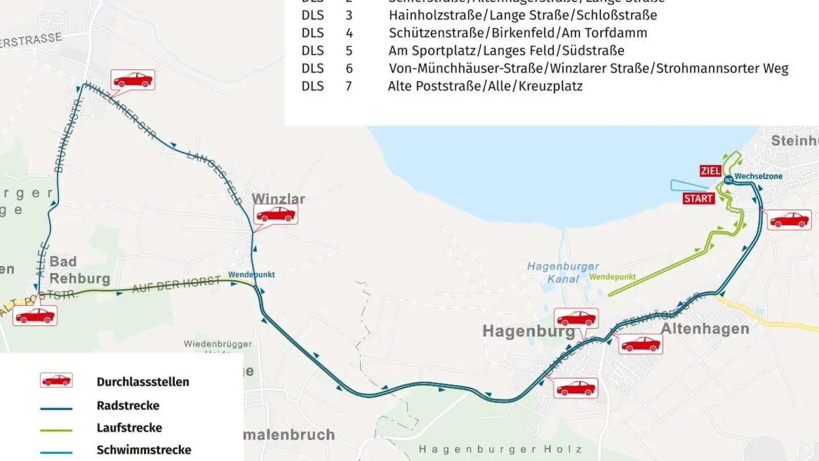 Die Skizze zeigt Durchlassstellen für den Fahrzeugverkehr während des Triathlons. (Foto: privat)