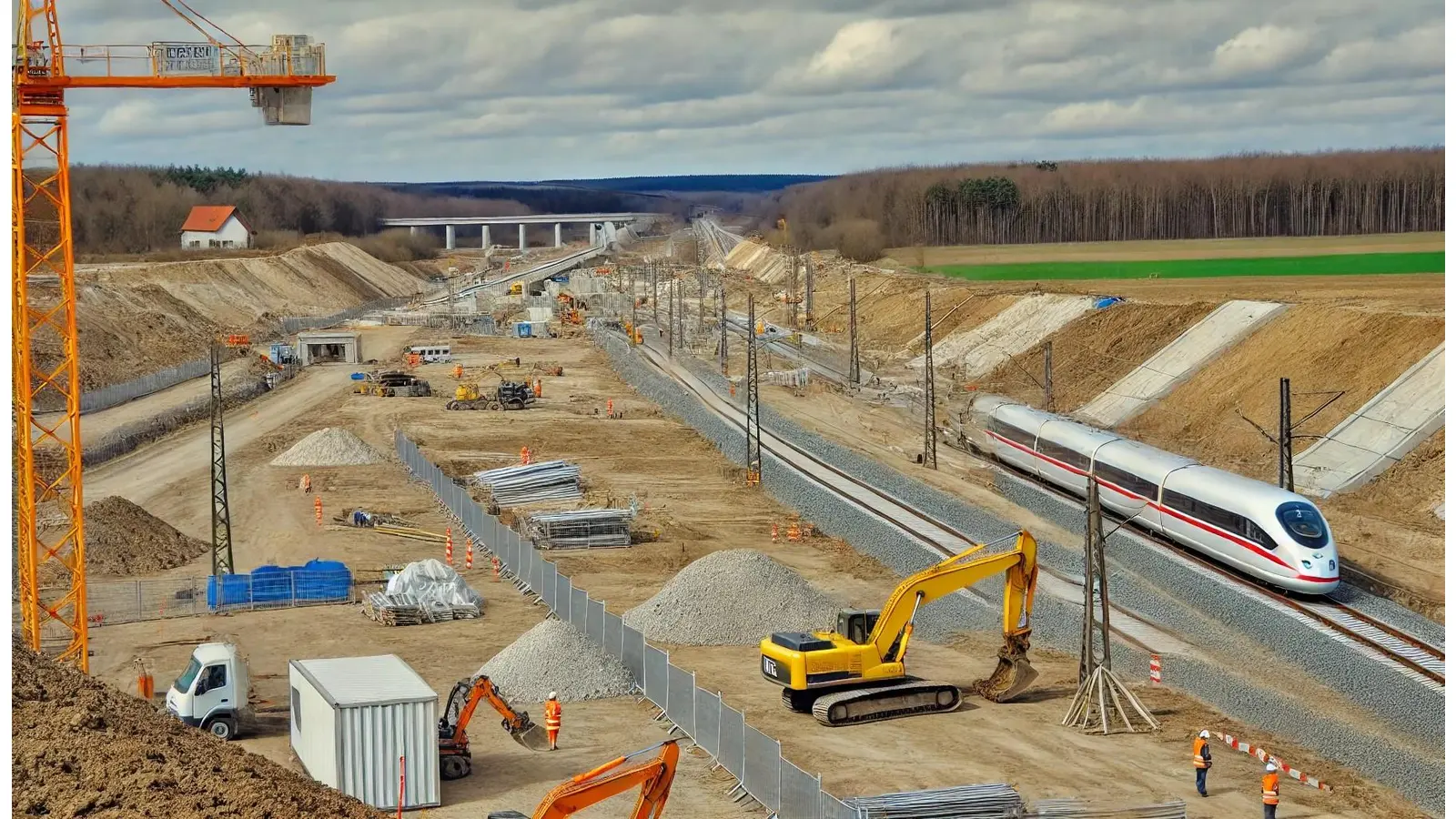 So könnte es schon in ein paar Jahren im Landkreis aussehen, sobald der eigentliche Ausbau der Strecke beginnt. Der Streckenkorridor wird große Teile der Landschaft und Bestandsbebauung wegnehmen. (Foto: KI - DALL.E)