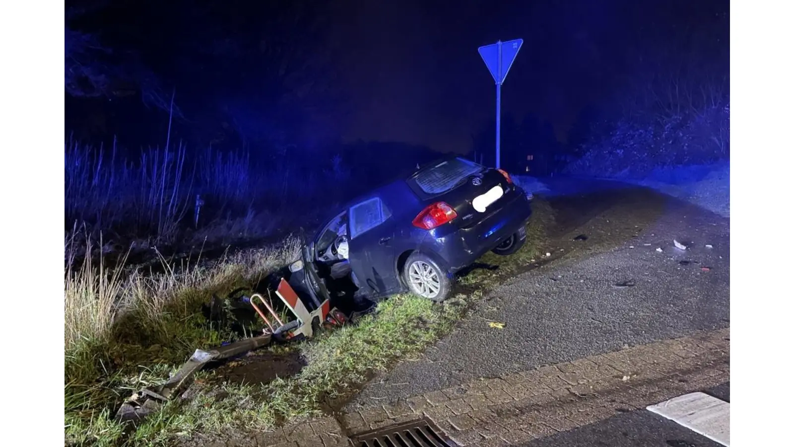 Nach zwei Verkehrsunfällen endet die Fahrt nach der Kollision mit einem Andreaskreuz bzw. Lichtsignalanlage im Graben. (Foto: privat)