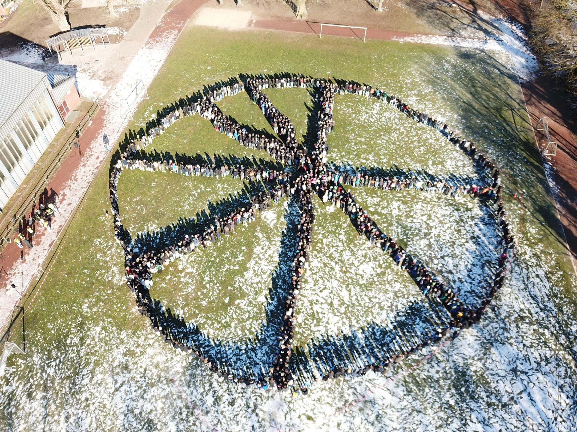 Aktion auf dem Sportplatz des Hölty-Gymnasiums: 1300 Hölty-Schüler bilden ein Symbol nach. (Foto: privat)