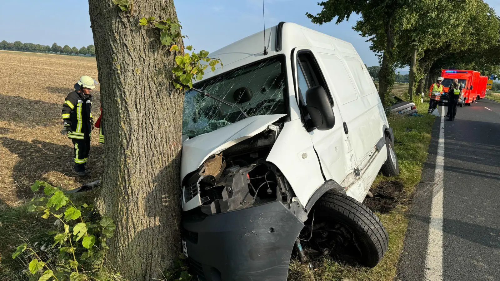 Gegen den Baum geprallt: Ein Transporter. (Foto: Feuerwehr)